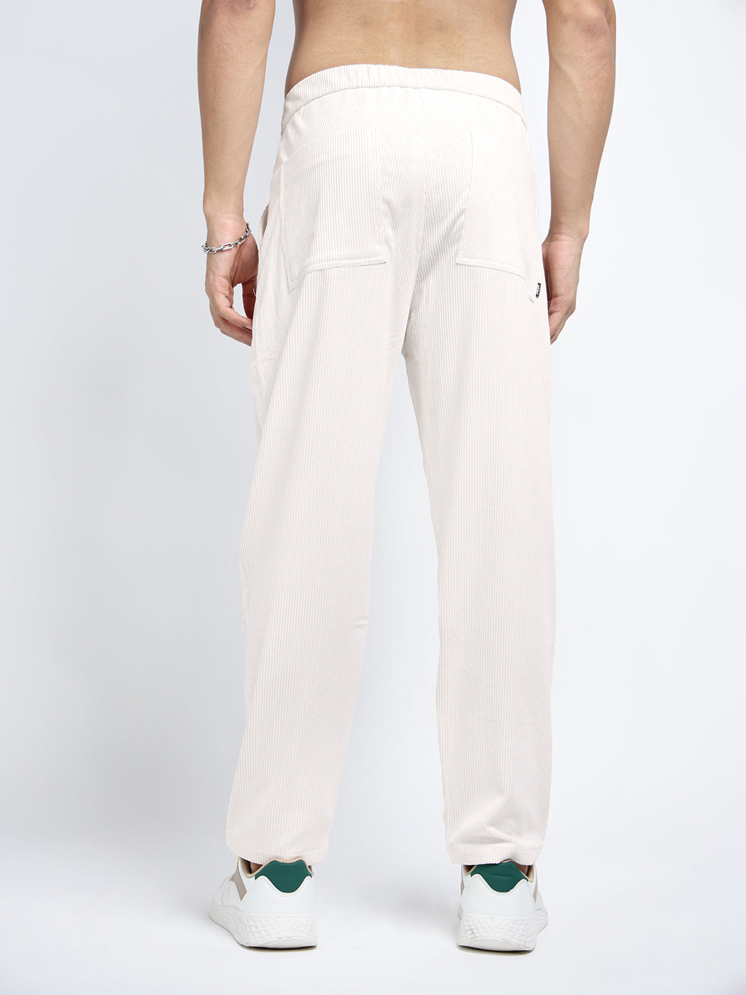 Men's Corduroy Off White Regular Fit Trousers with Adjustable Belt