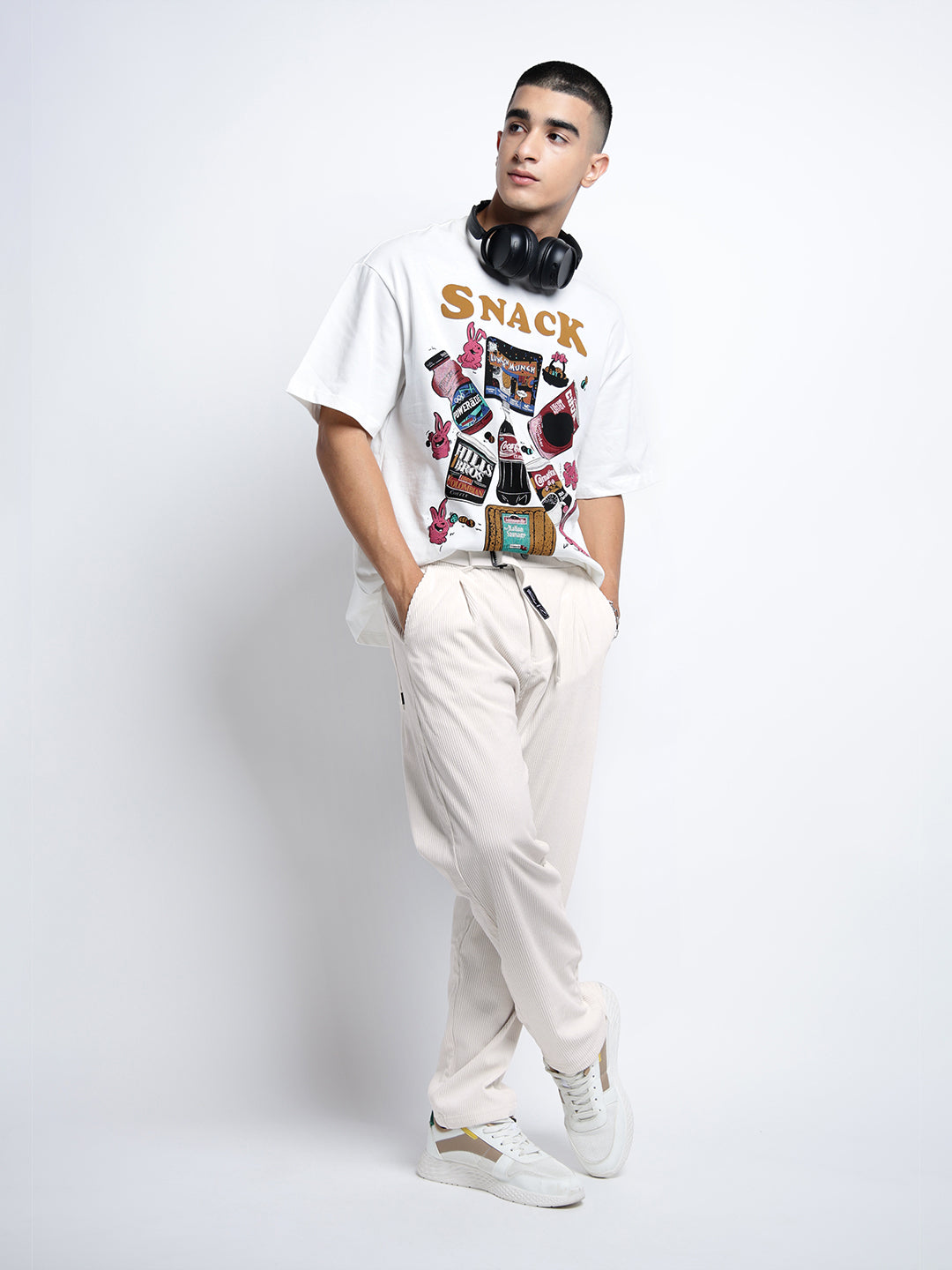 Men's Corduroy Off White Regular Fit Trousers with Adjustable Belt