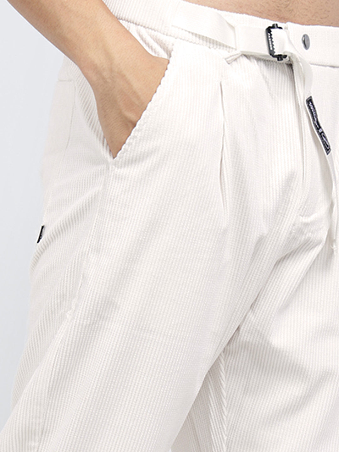 Men's Corduroy Off White Regular Fit Trousers with Adjustable Belt