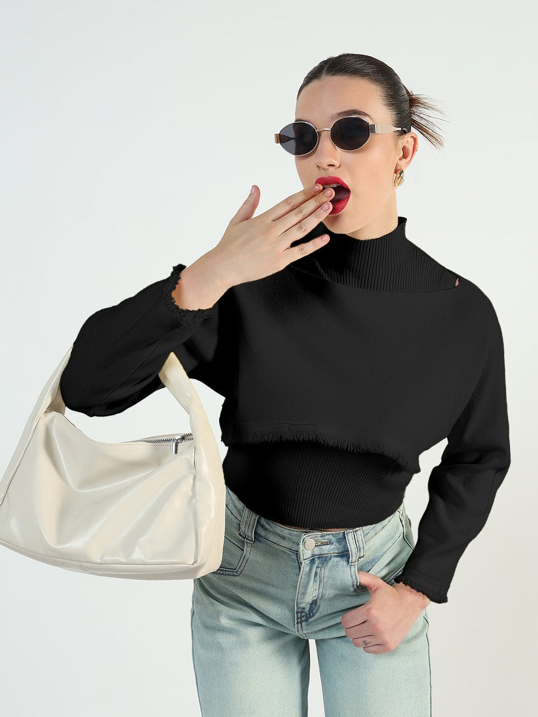 Women's Ribbed Black Top with Frayed Cropped Sweater