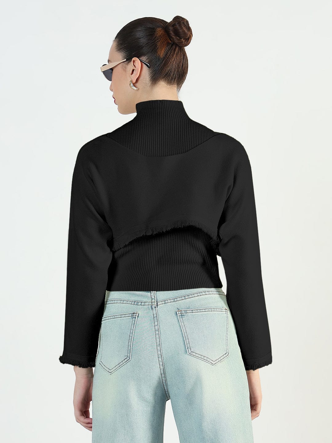 Women's Ribbed Black Top with Frayed Cropped Sweater