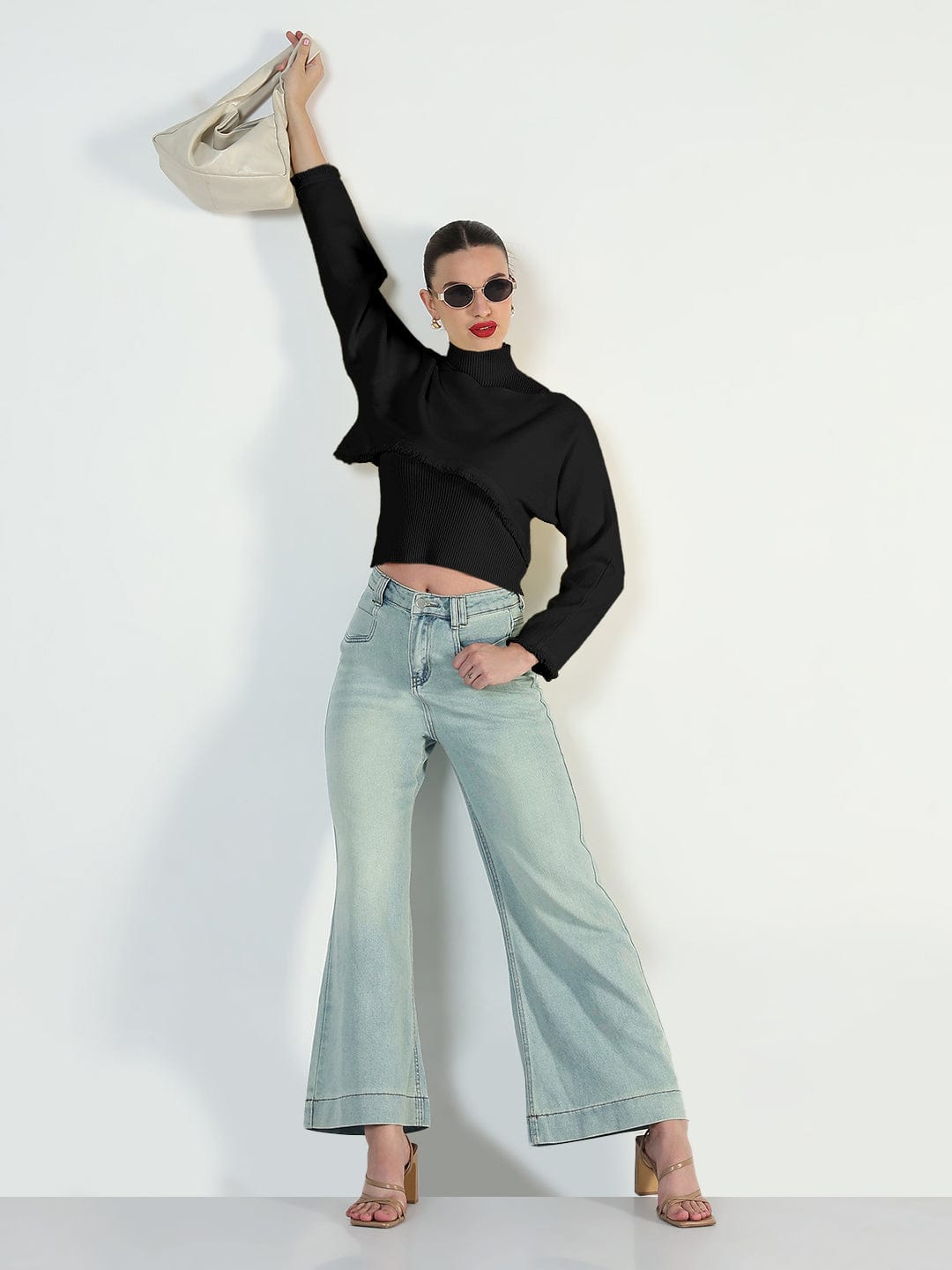 Women's Ribbed Black Top with Frayed Cropped Sweater