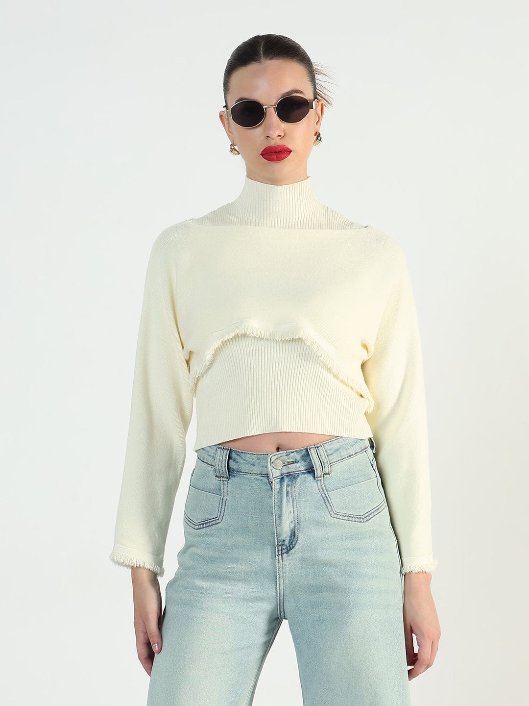 Women's Ribbed Cream Top with Frayed Cropped Sweater