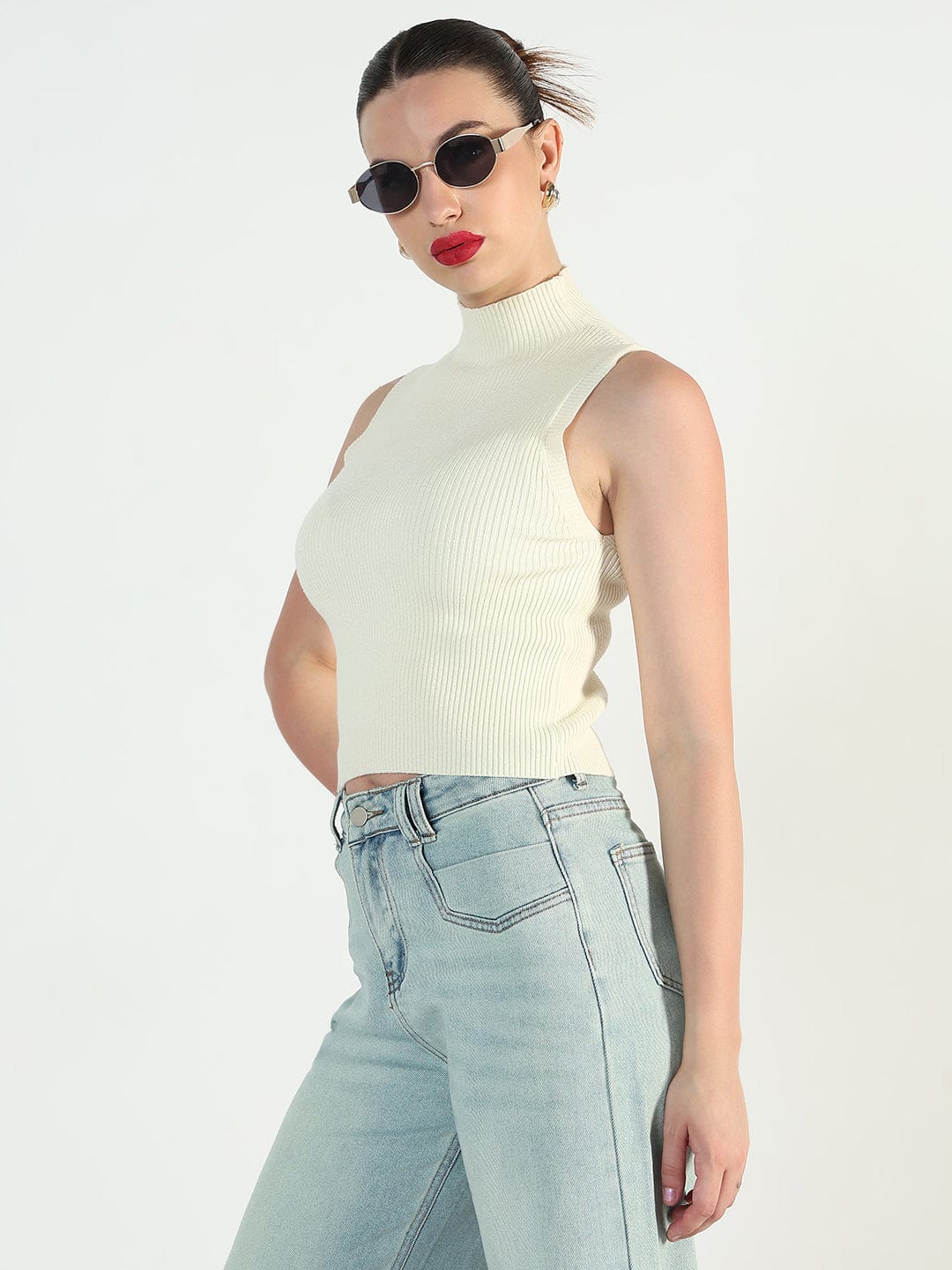Women's Ribbed Cream Top with Frayed Cropped Sweater
