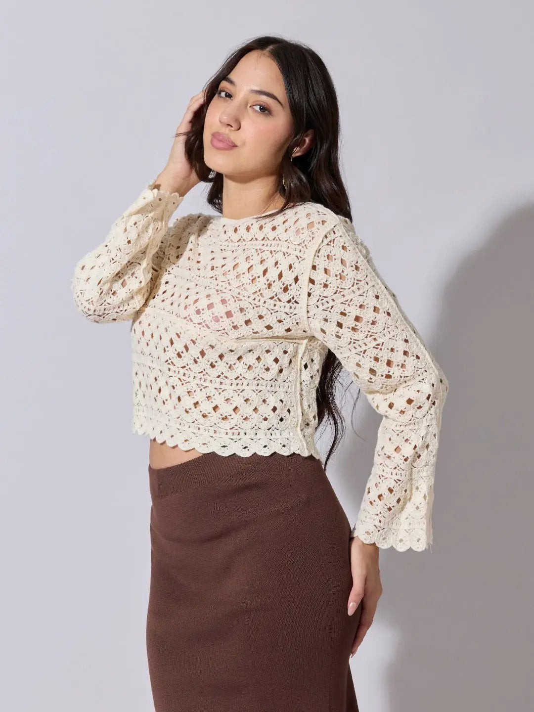 Women's Textured Cream Crochet Crop Top - from SHOWOFFFF