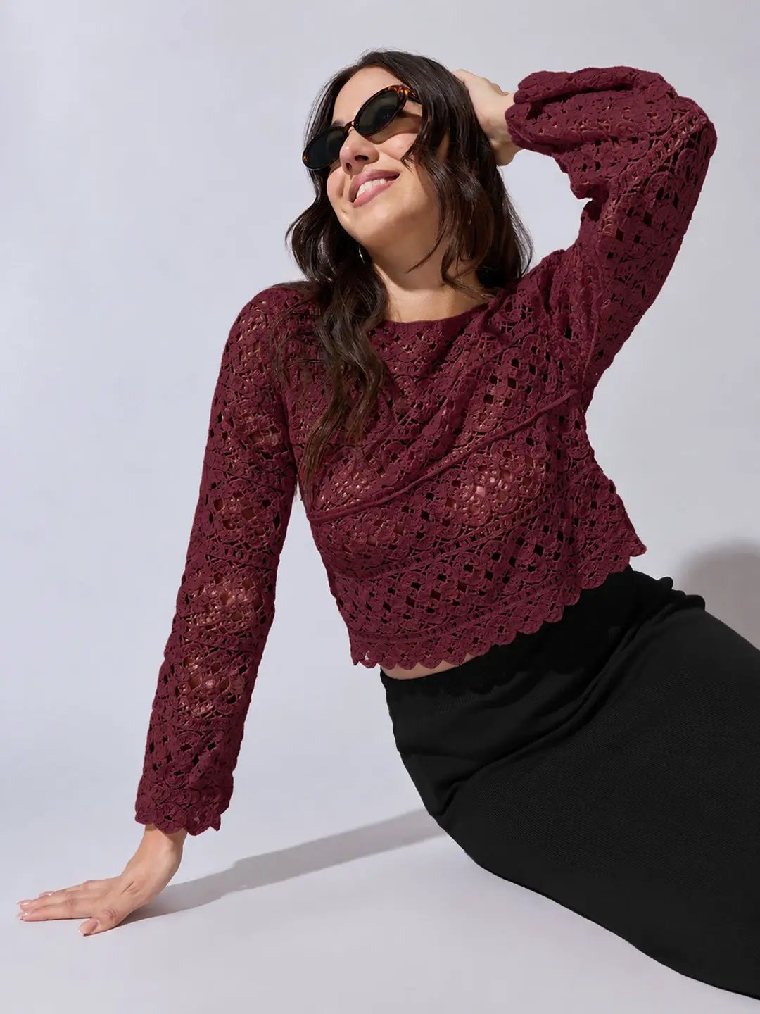 Women's Textured Maroon Crochet Crop Top