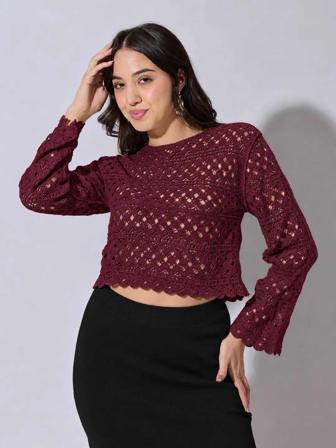 Women's Textured Maroon Crochet Crop Top
