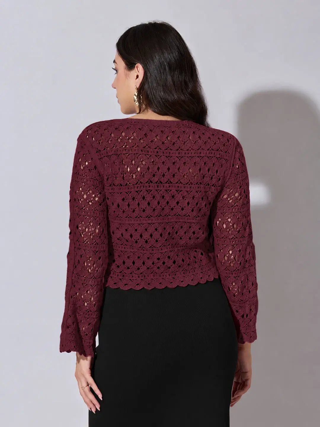Women's Textured Maroon Crochet Crop Top