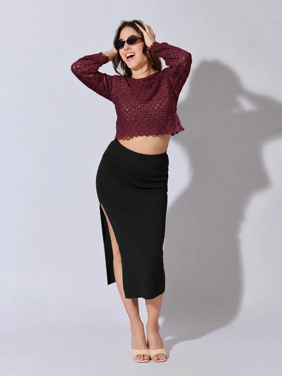 Women's Textured Maroon Crochet Crop Top