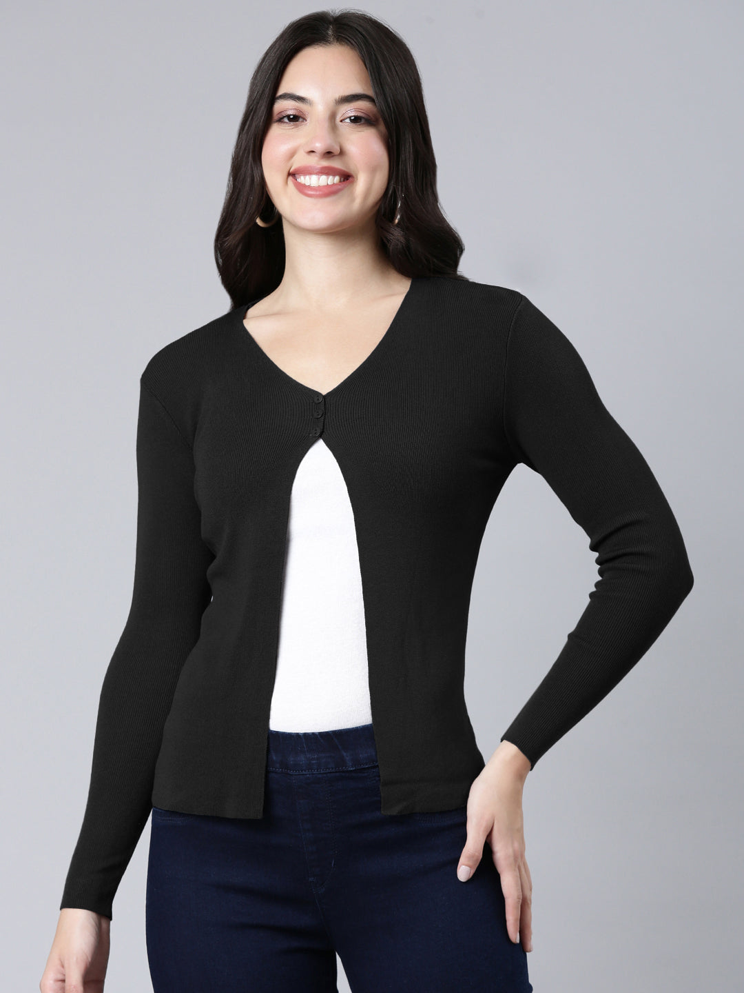 Women's Ribbed Black Shrug with Button Detail