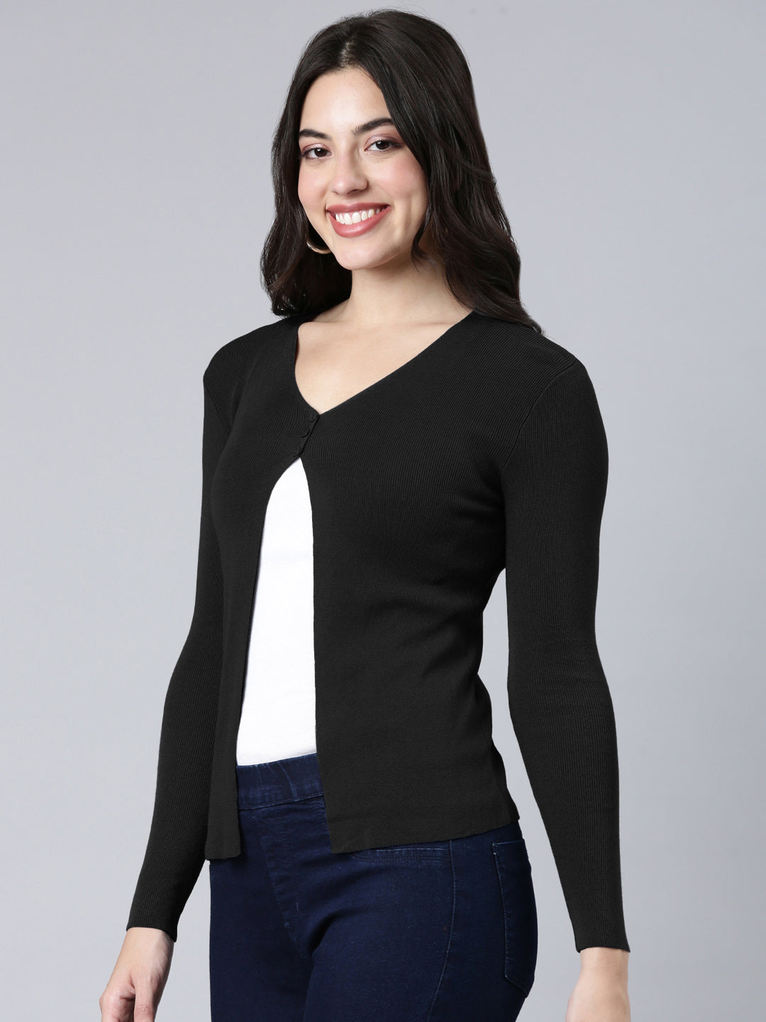 Women's Ribbed Black Shrug with Button Detail