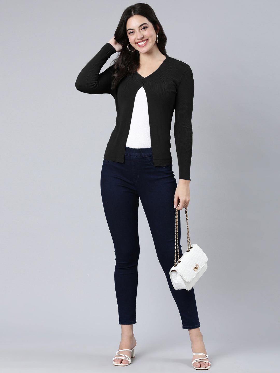 Women's Ribbed Black Shrug with Button Detail