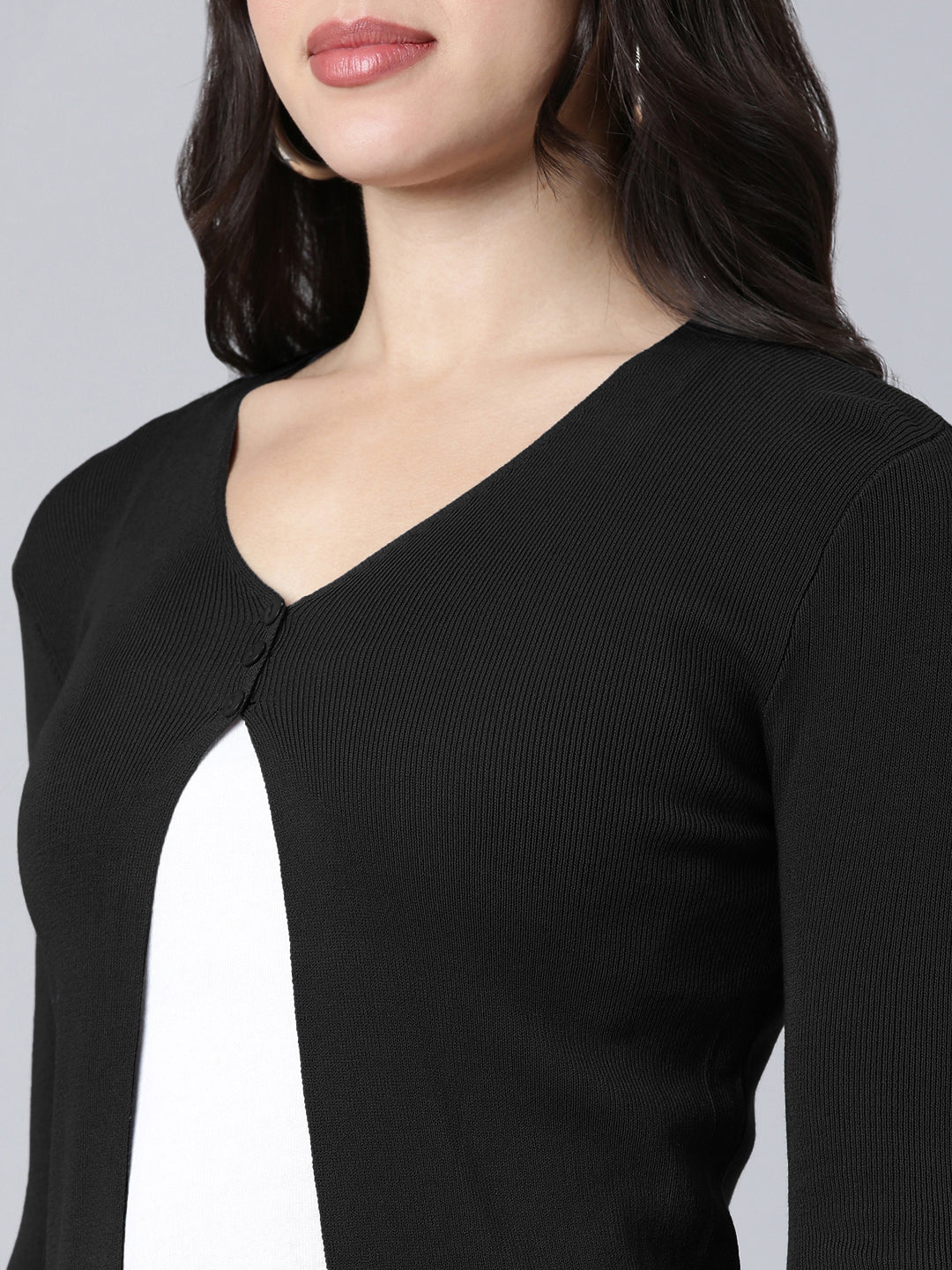 Women's Ribbed Black Shrug with Button Detail