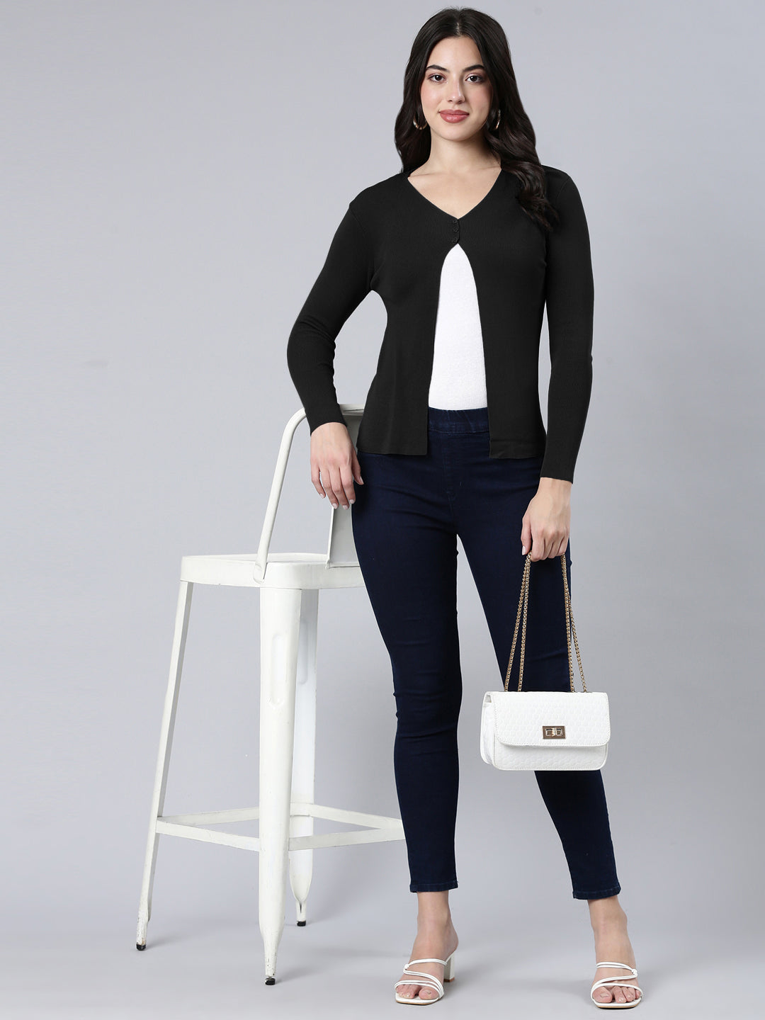 Women's Ribbed Black Shrug with Button Detail