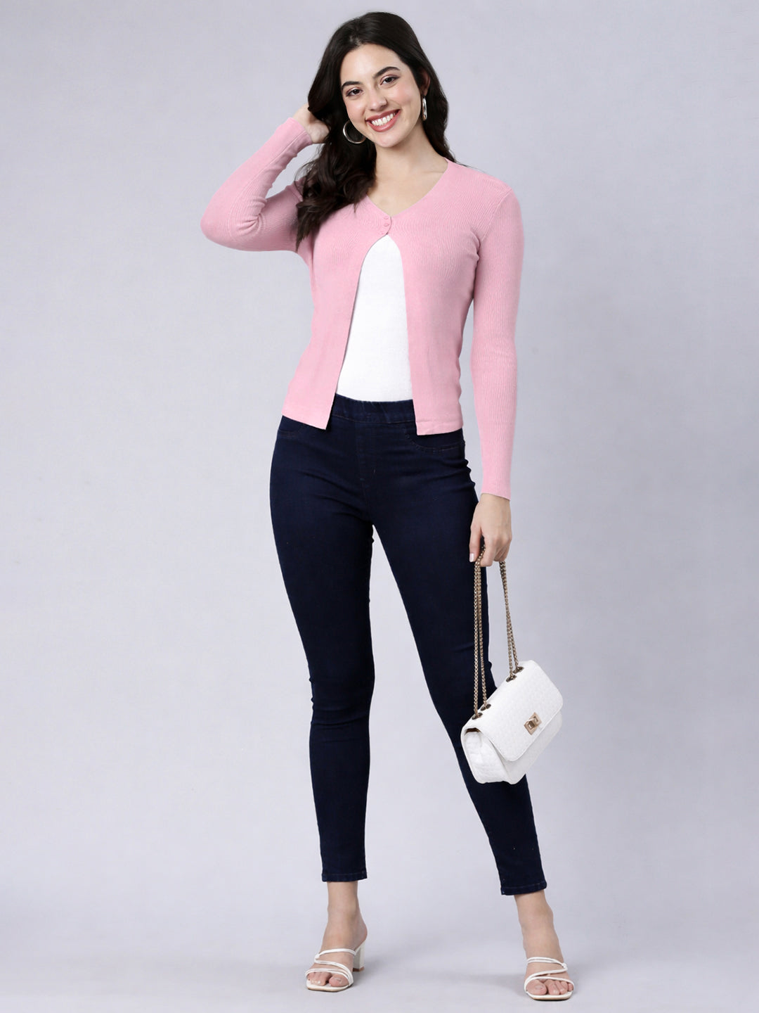 Women's Ribbed Light Pink Shrug with Button Detail