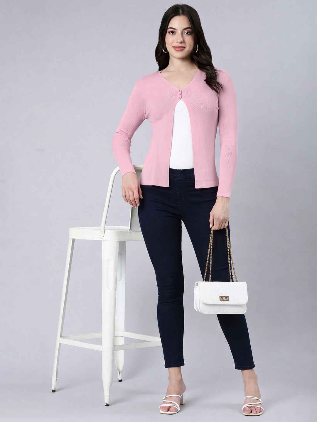 Women's Ribbed Light Pink Shrug with Button Detail