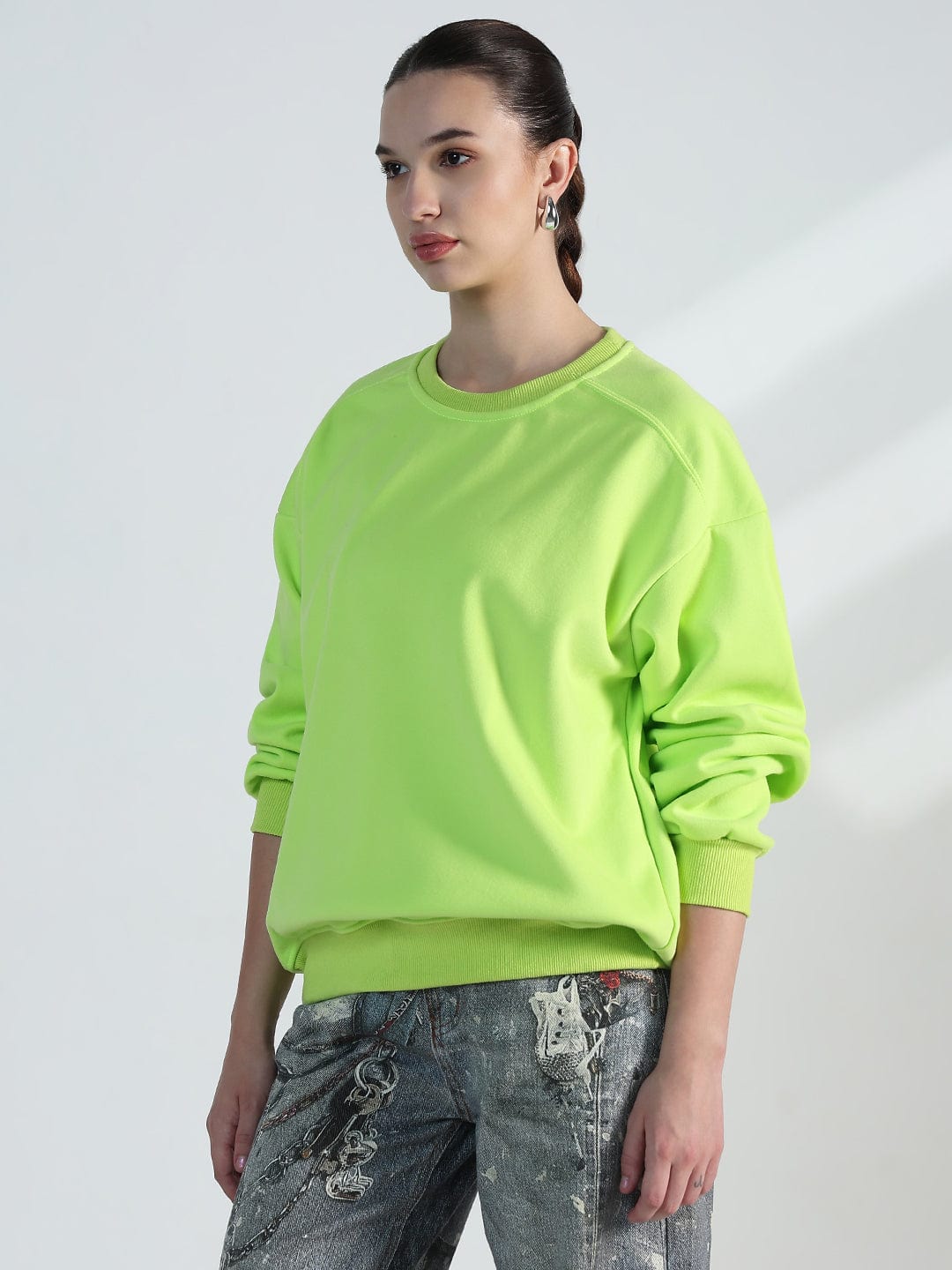 Women's Lime Green Round Neck Oversized Sweatshirt