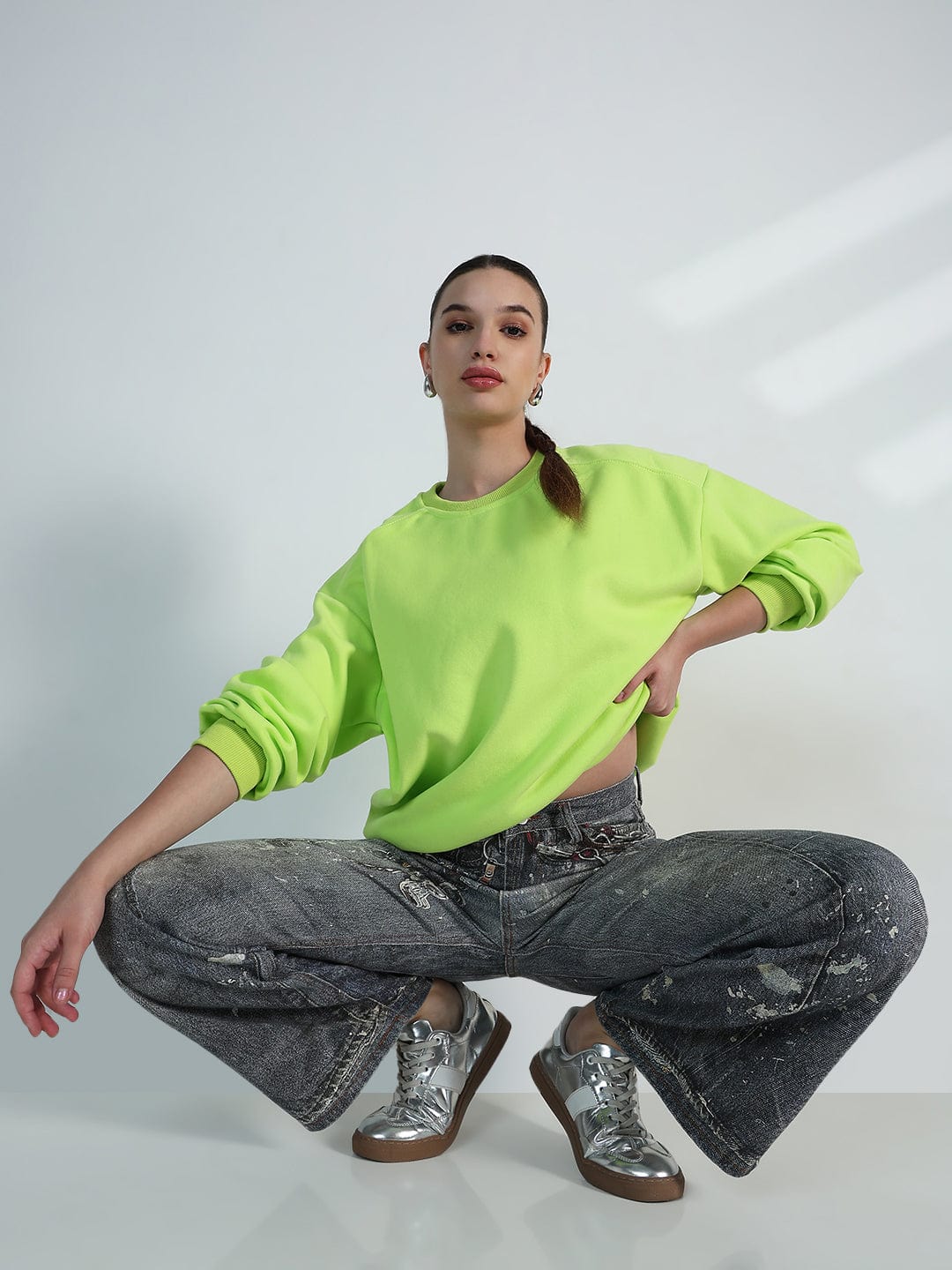 Women's Lime Green Round Neck Oversized Sweatshirt