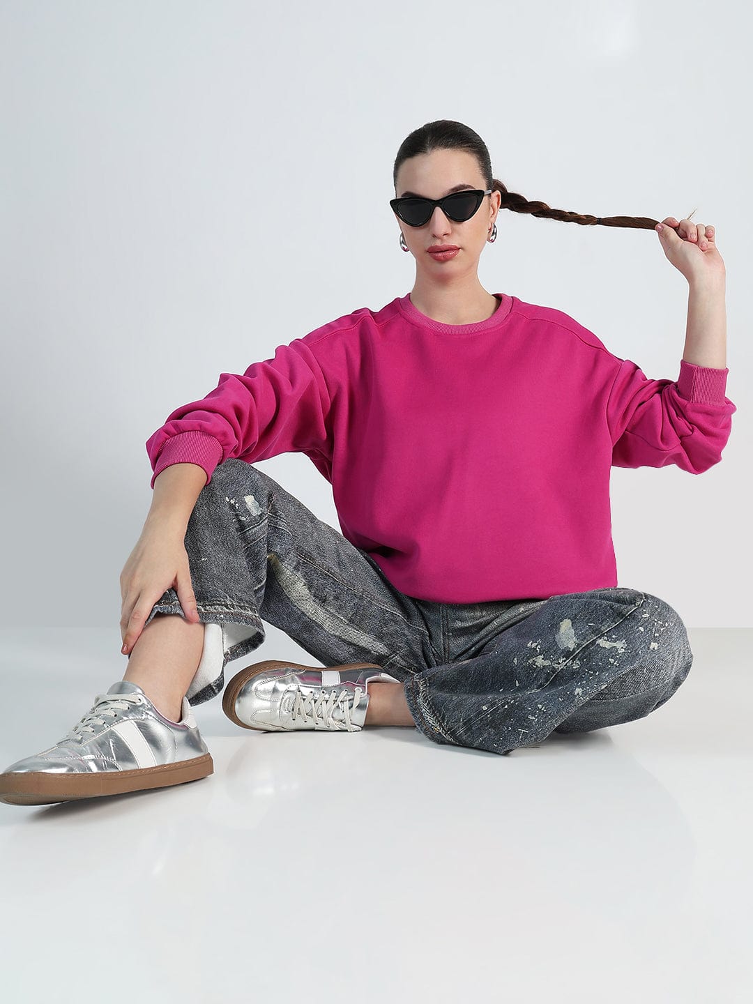 Women's Pink Round Neck Oversized Sweatshirt