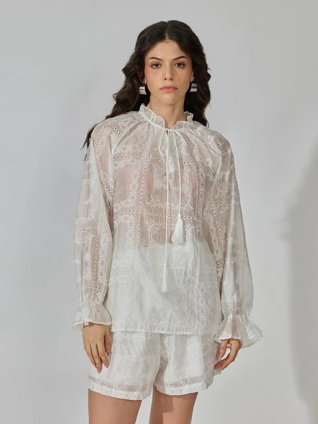 Women's Embroidered White Schiflli Co Ords Set - from SHOWOFFFF