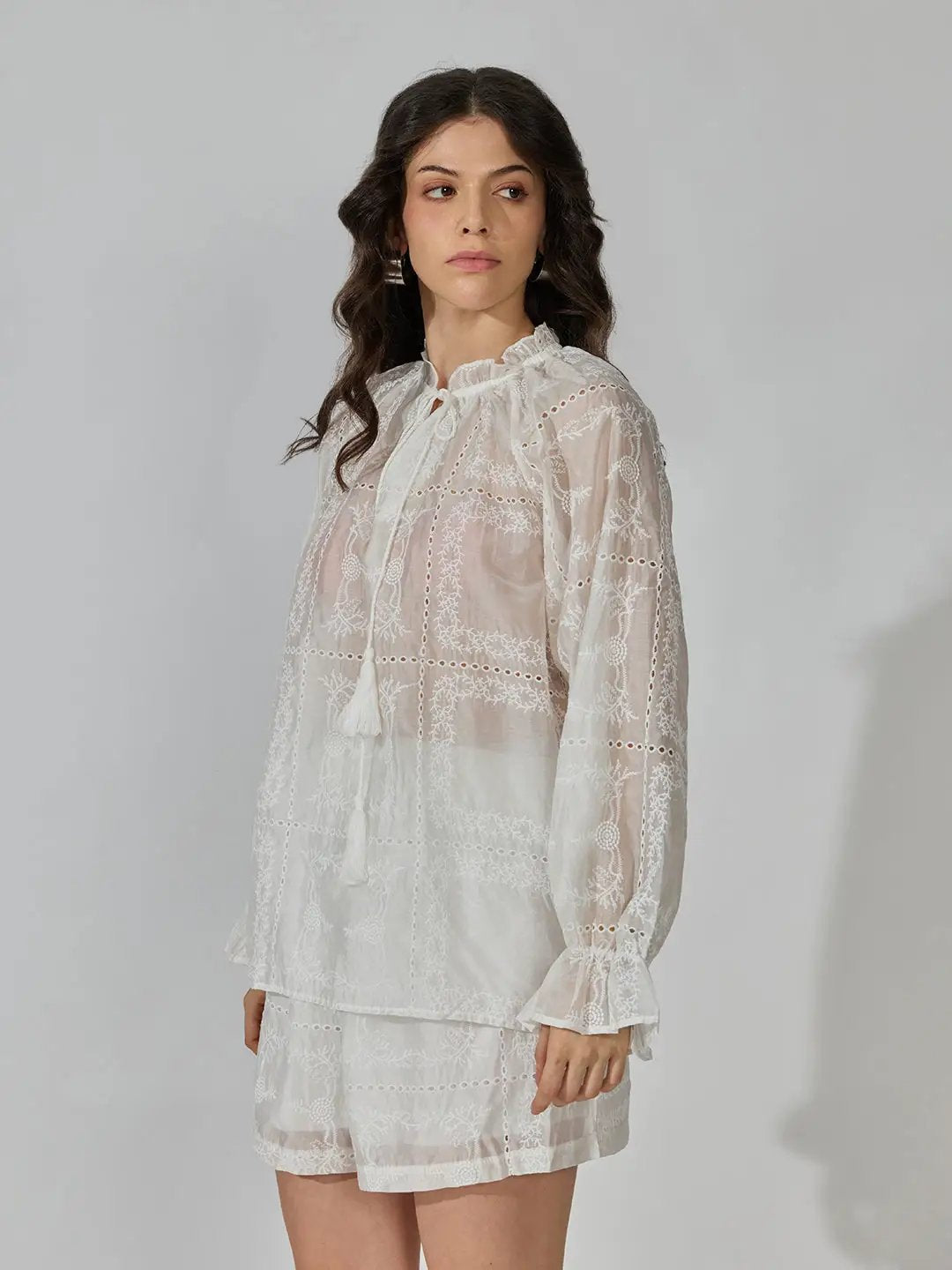 Women's Embroidered White Schiflli Co Ords Set - from SHOWOFFFF