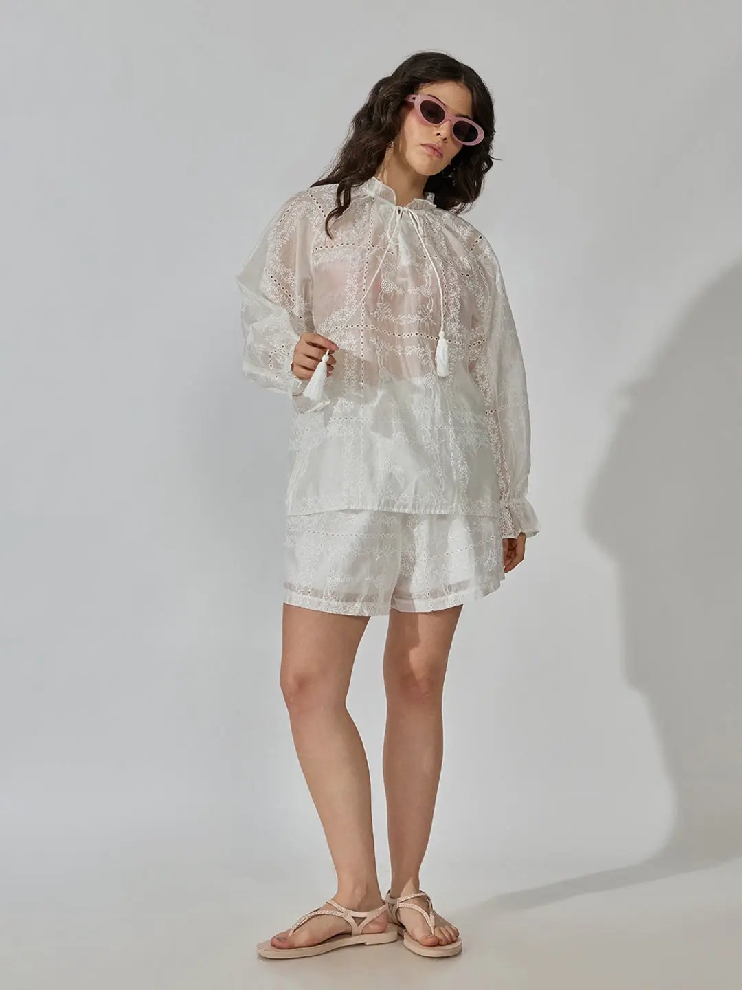 Women's Embroidered White Schiflli Co Ords Set - from SHOWOFFFF
