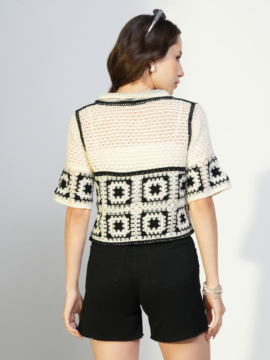 Women Cream Geometric Crochet Crop Top