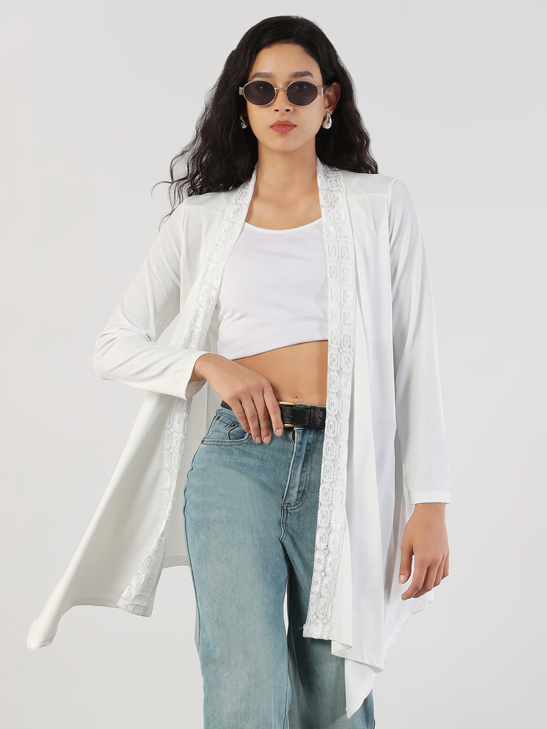 Women White Solid Longline Shrug