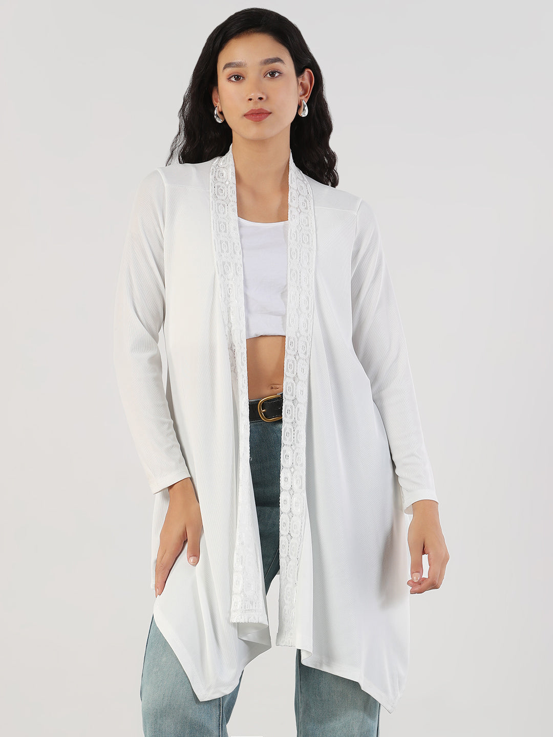 Women White Solid Longline Shrug