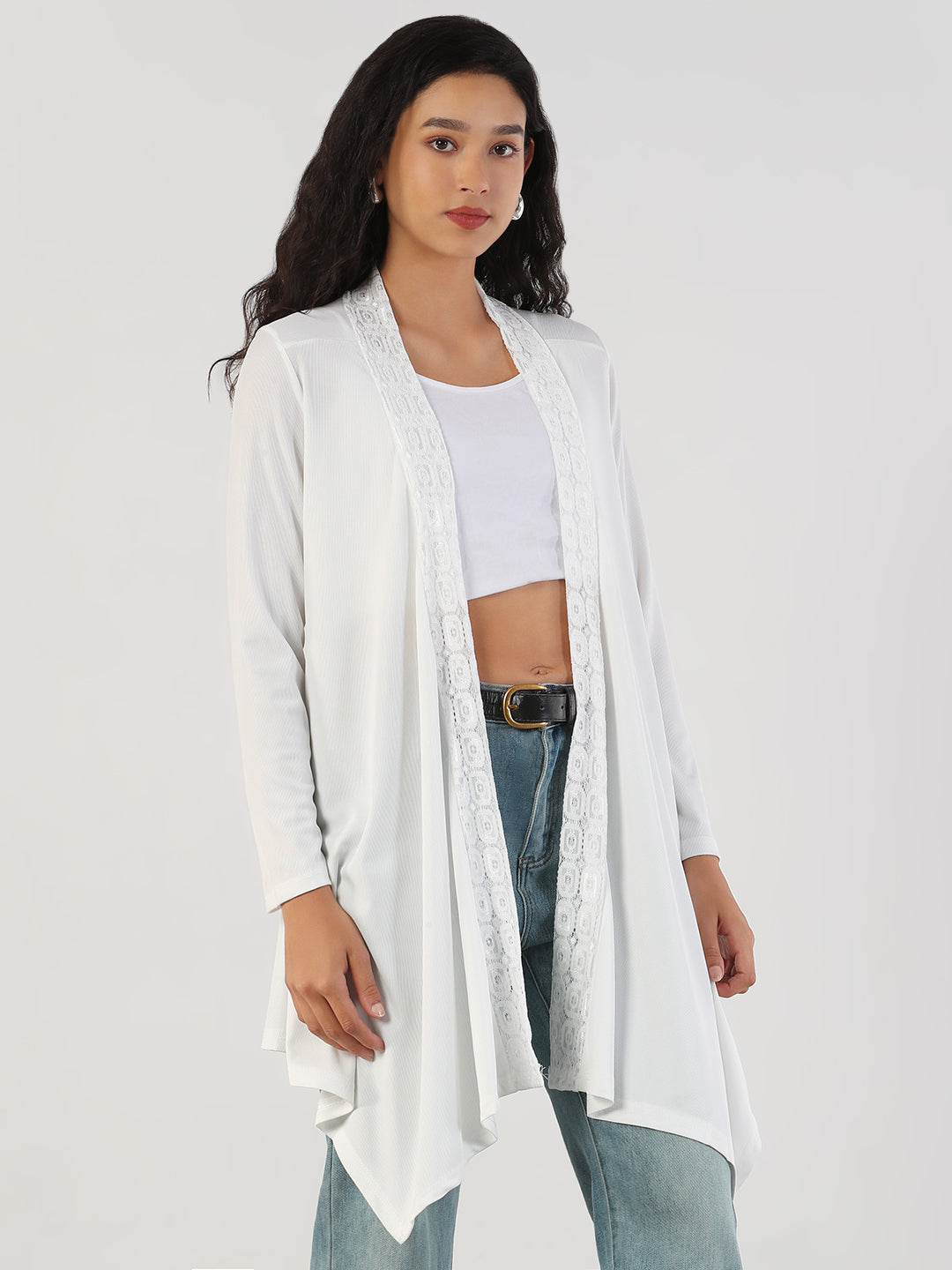 Women White Solid Longline Shrug