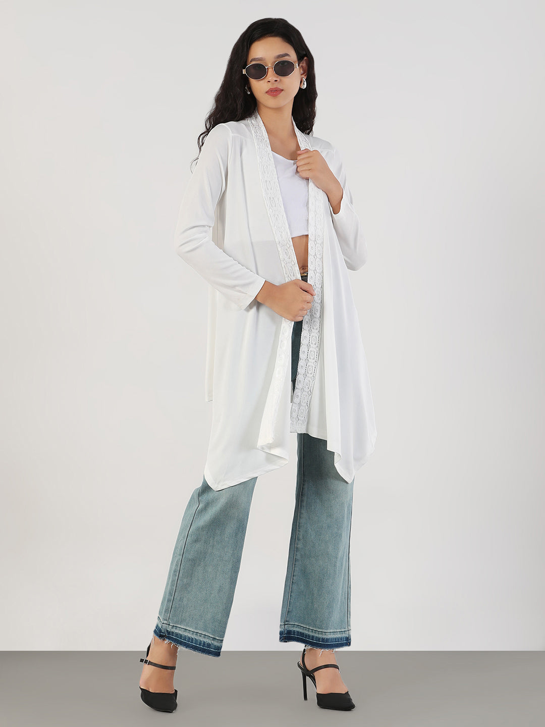 Women White Solid Longline Shrug