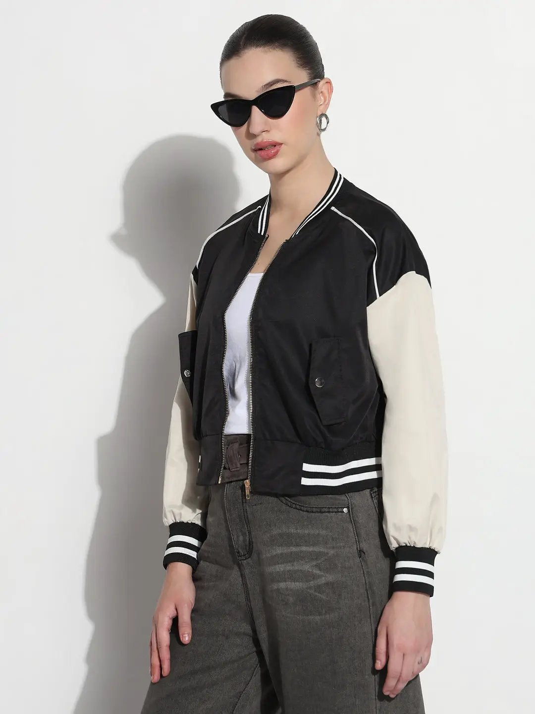 Women's Striped Black Mandarin Collar Zipper Varsity Jacket - from SHOWOFFFF