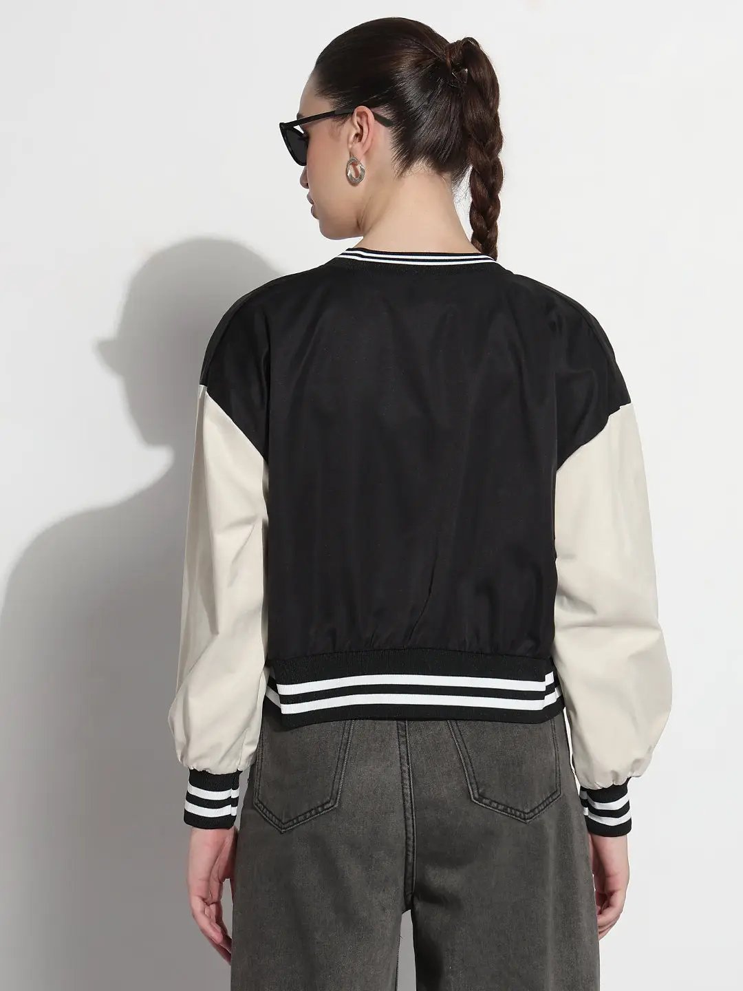 Women's Striped Black Mandarin Collar Zipper Varsity Jacket - from SHOWOFFFF