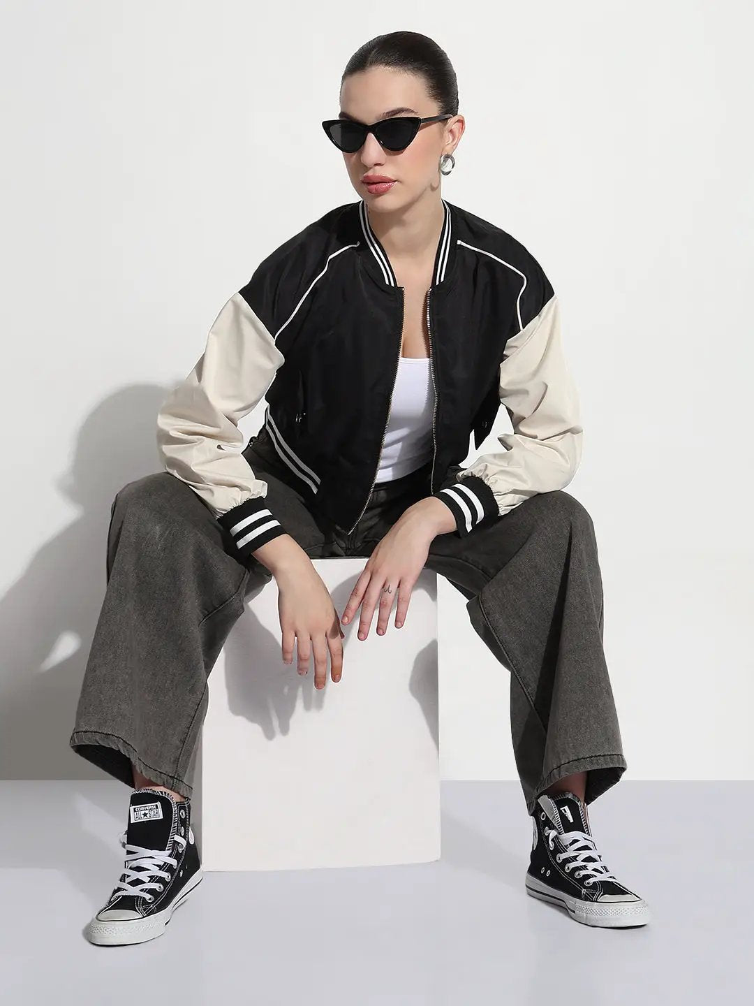 Women's Striped Black Mandarin Collar Zipper Varsity Jacket - from SHOWOFFFF