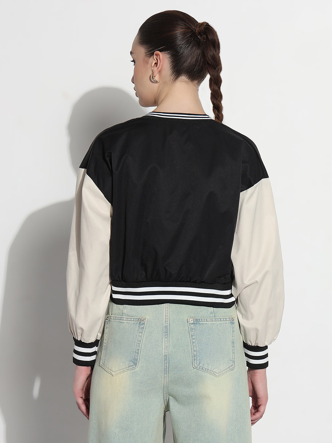 Women's Typography Black Mandarin Collar Varsity Jacket