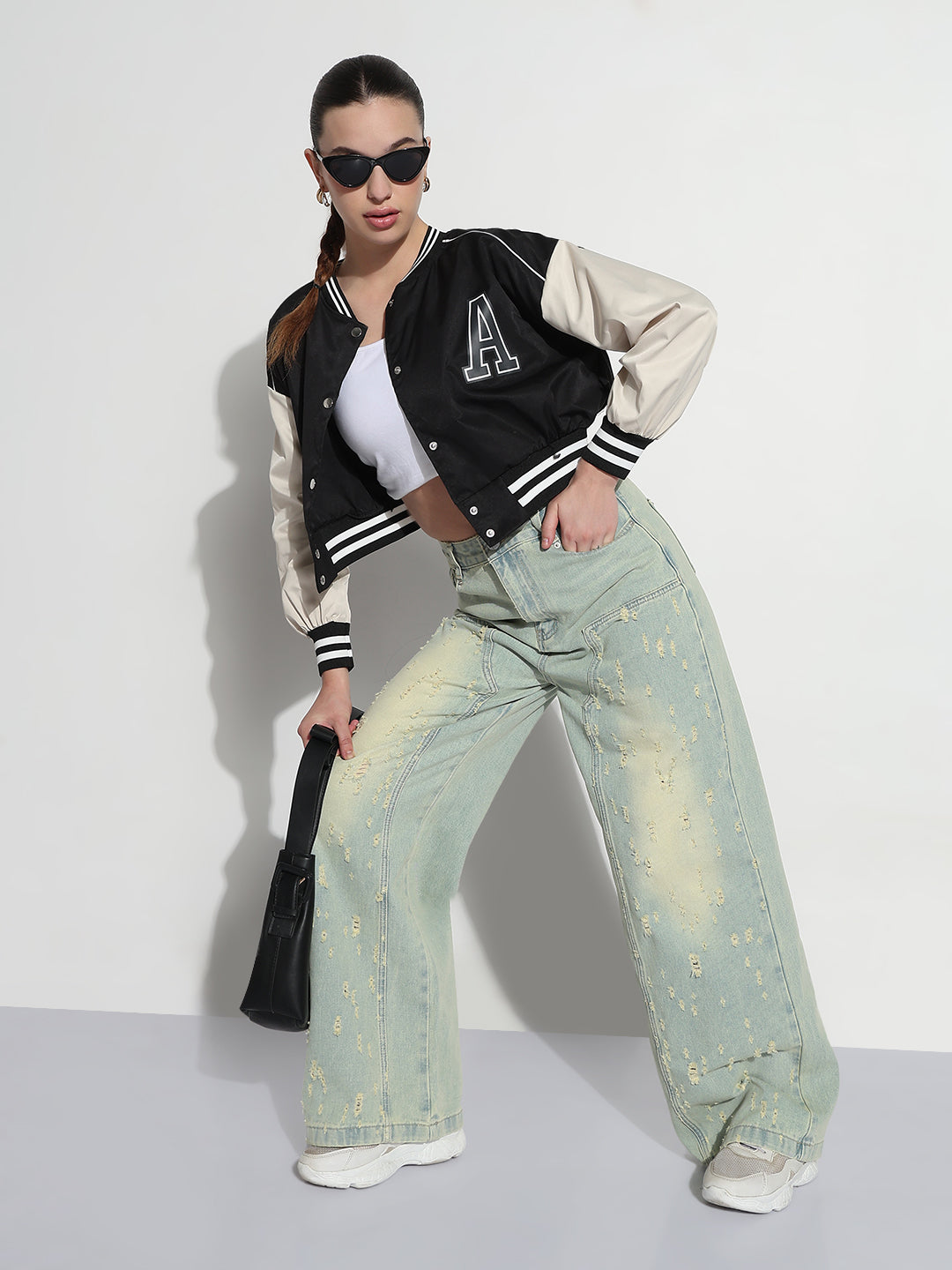 Women's Typography Black Mandarin Collar Varsity Jacket