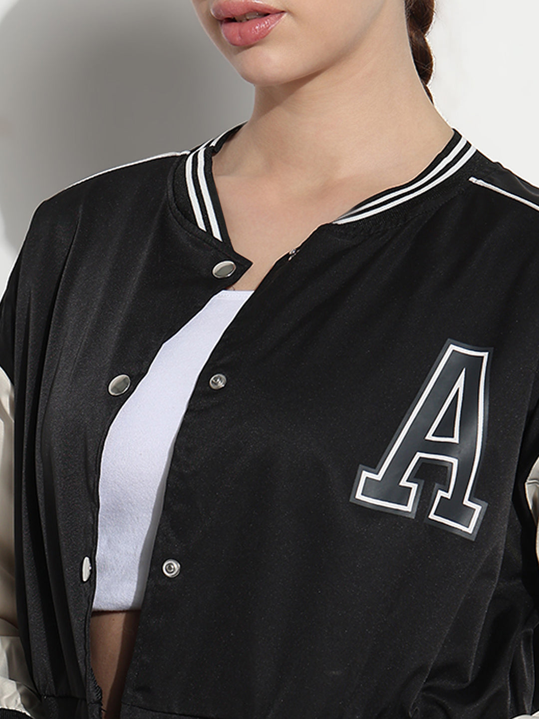 Women's Typography Black Mandarin Collar Varsity Jacket