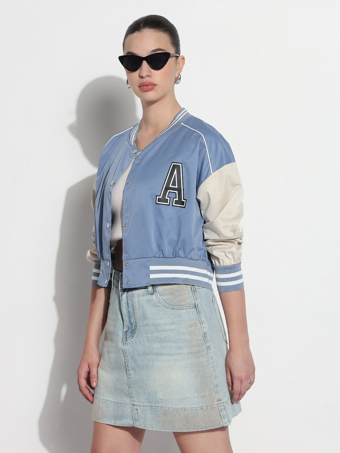 Women's Typography Blue Mandarin Collar Varsity Jacket