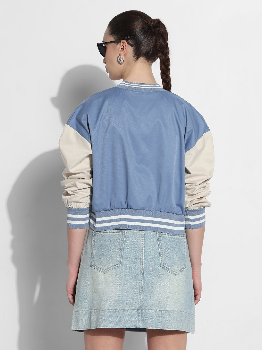 Women's Typography Blue Mandarin Collar Varsity Jacket