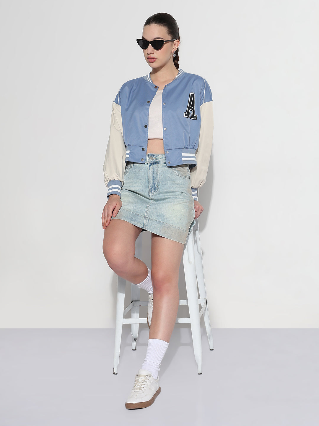 Women's Typography Blue Mandarin Collar Varsity Jacket