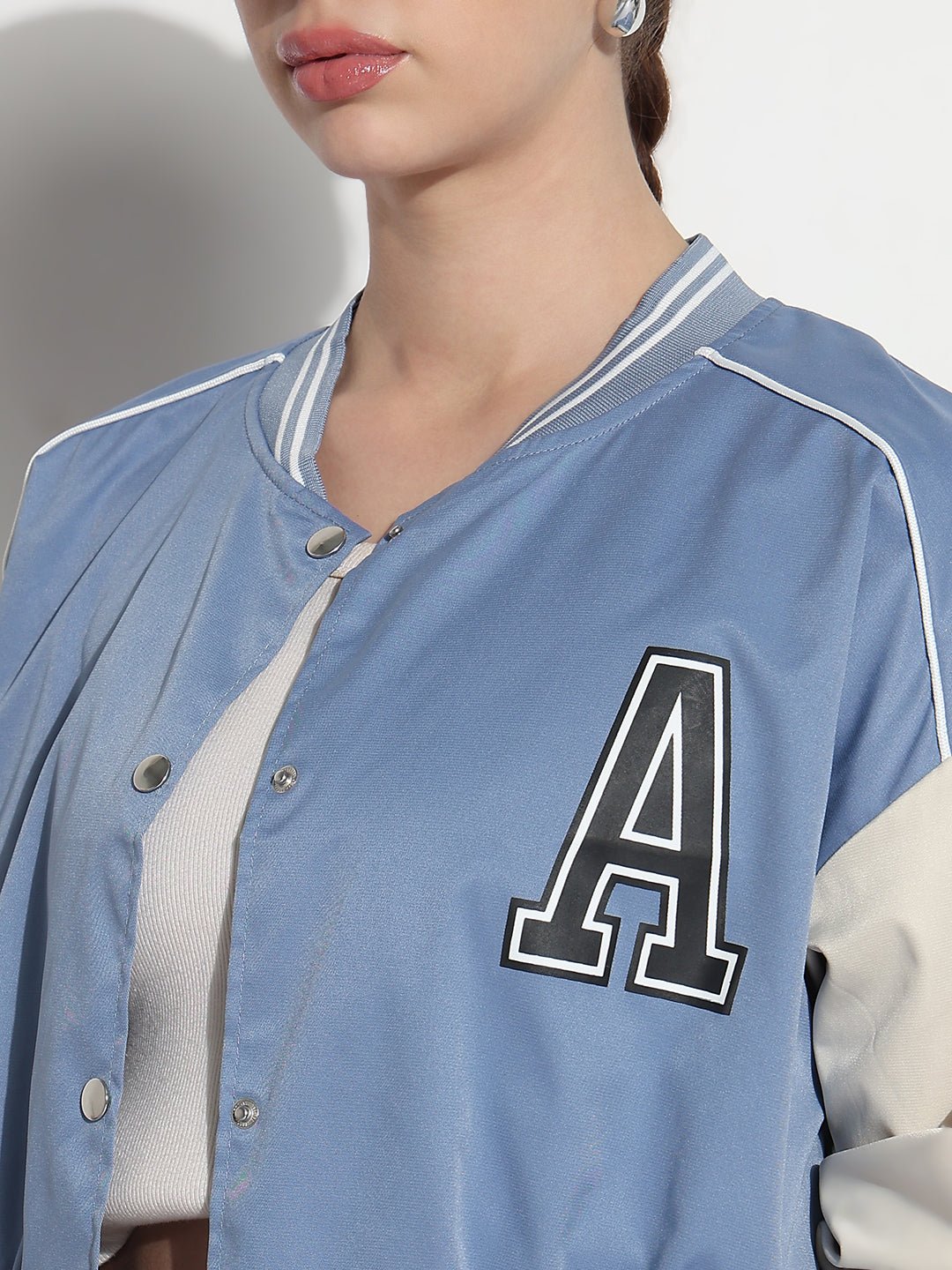 Women's Typography Blue Mandarin Collar Varsity Jacket