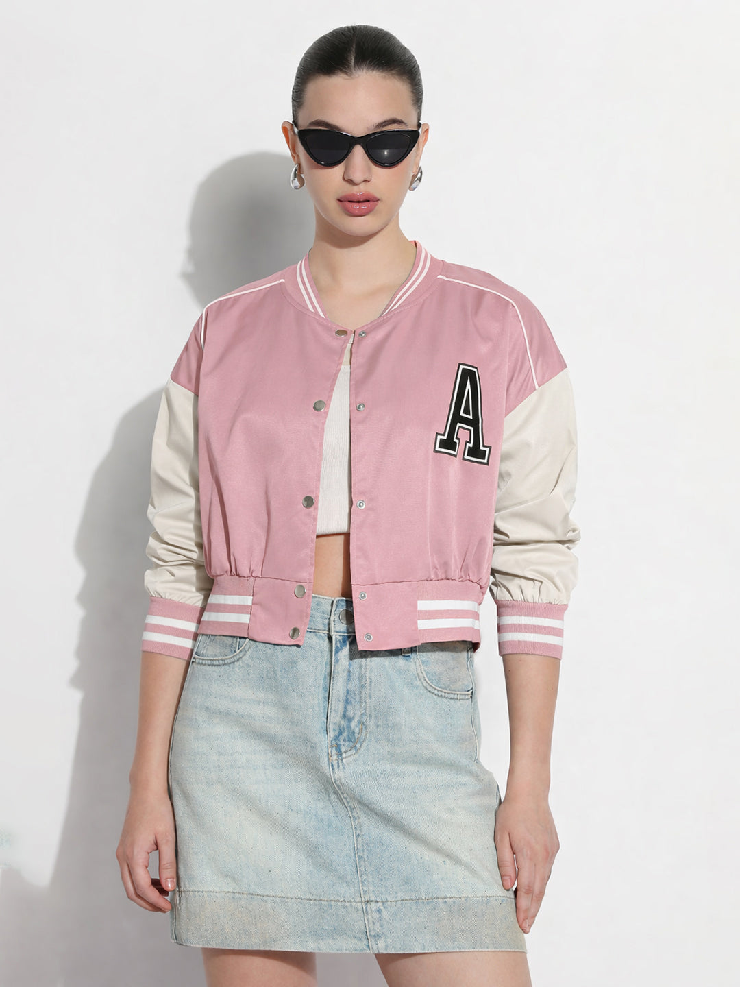 Women's Typography Pink Mandarin Collar Varsity Jacket