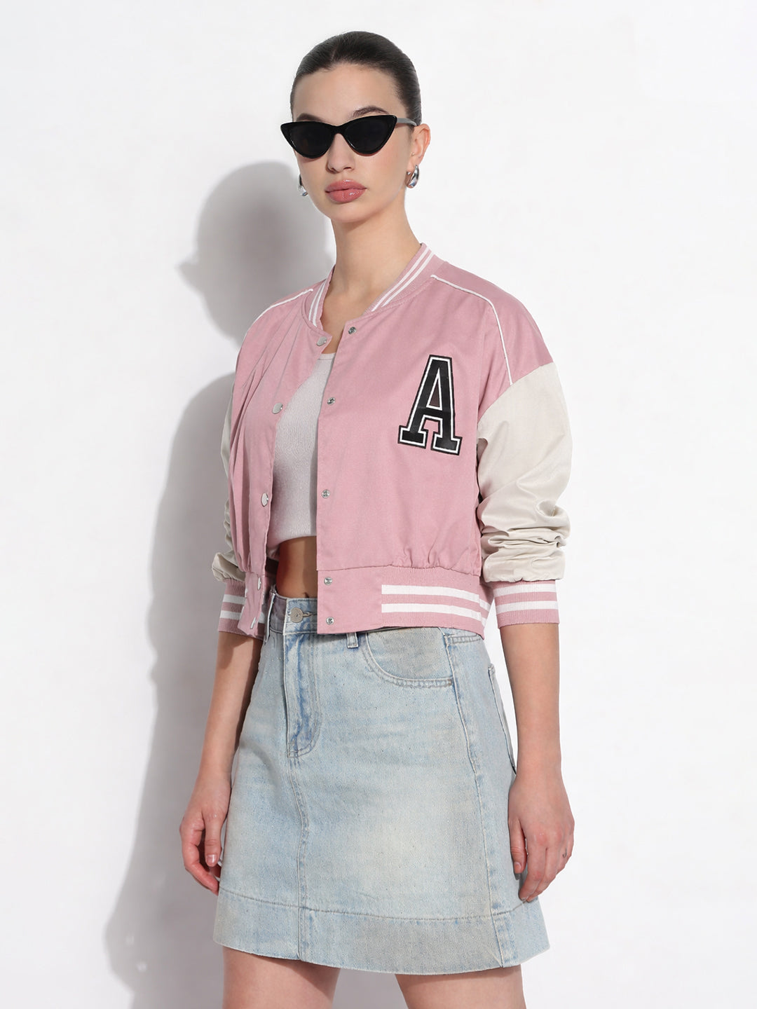 Women's Typography Pink Mandarin Collar Varsity Jacket