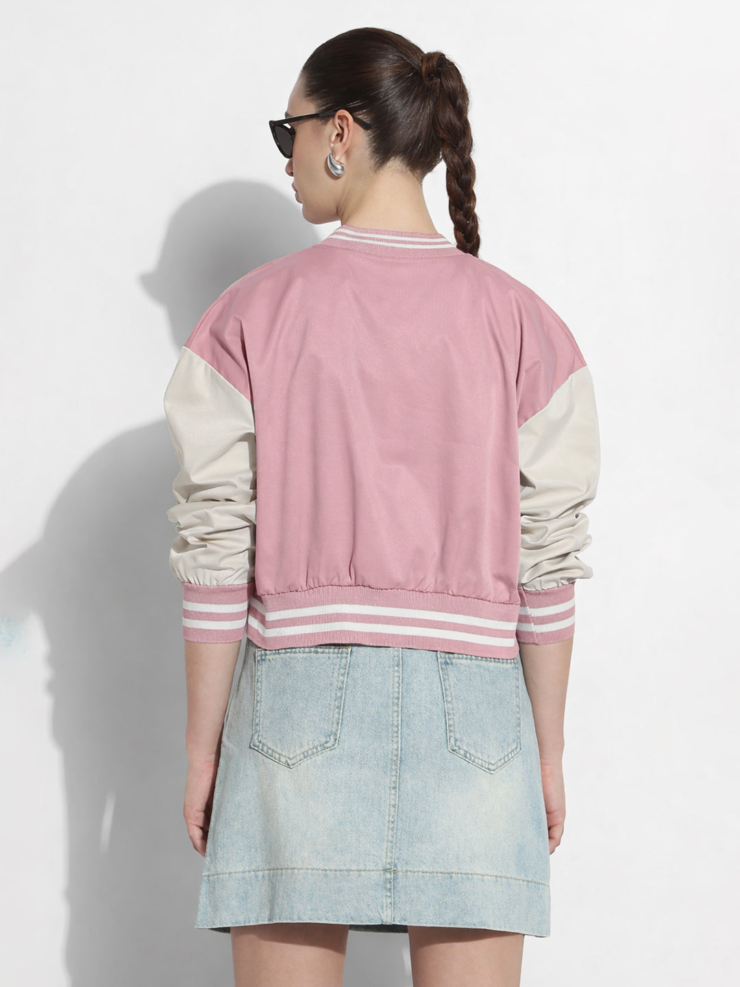 Women's Typography Pink Mandarin Collar Varsity Jacket