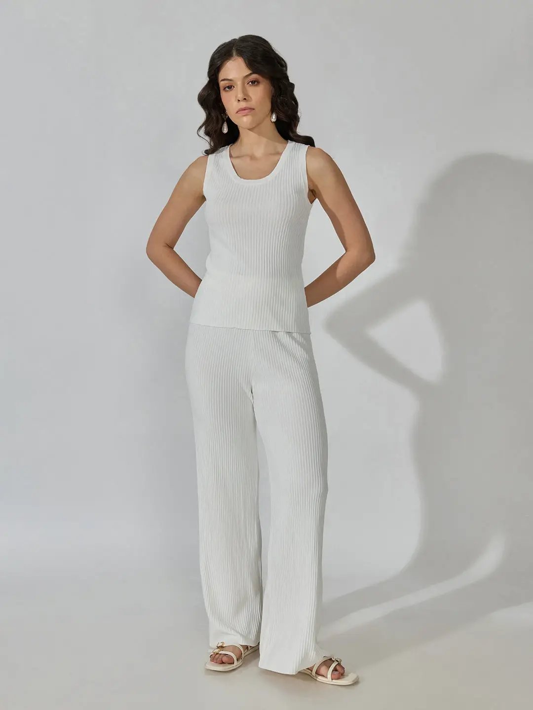 Women's Ribbed White Tank Top with Pants Co-Ords Set - from SHOWOFFFF