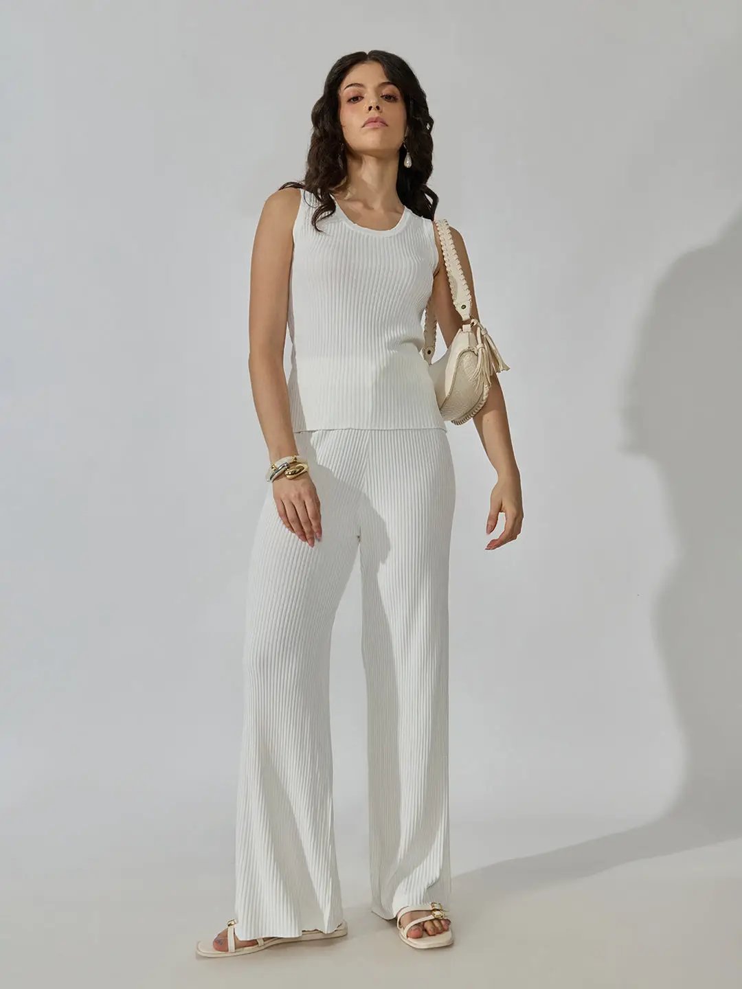 Women's Ribbed White Tank Top with Pants Co-Ords Set - from SHOWOFFFF