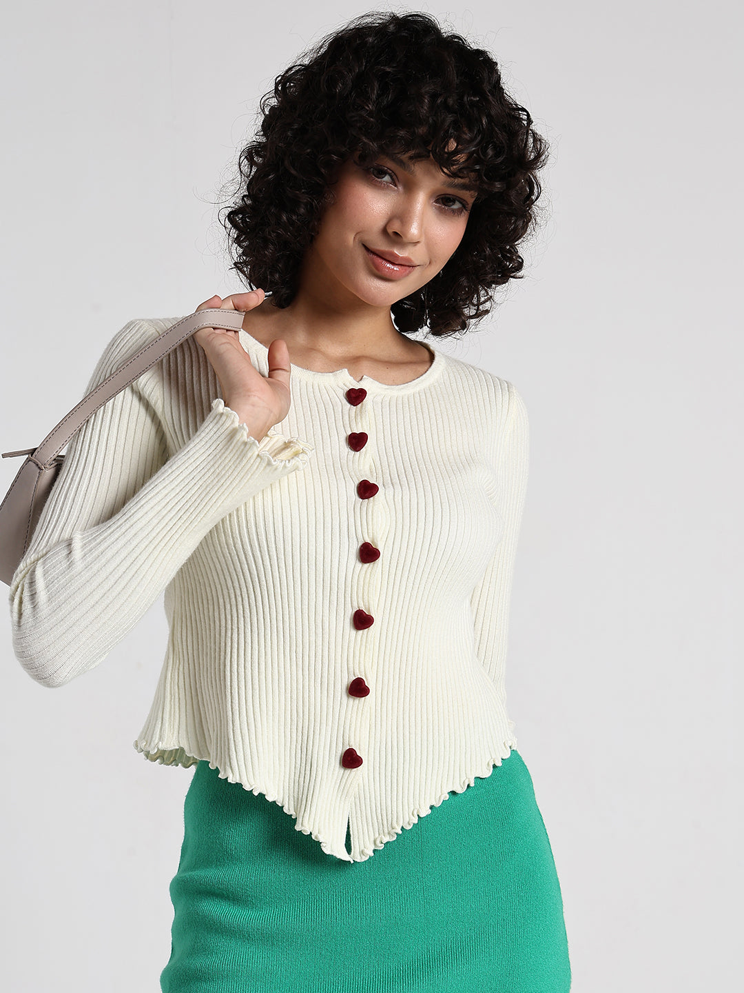 Women's Cream Ribbed Asymmetric Hem Top with Heart Buttons