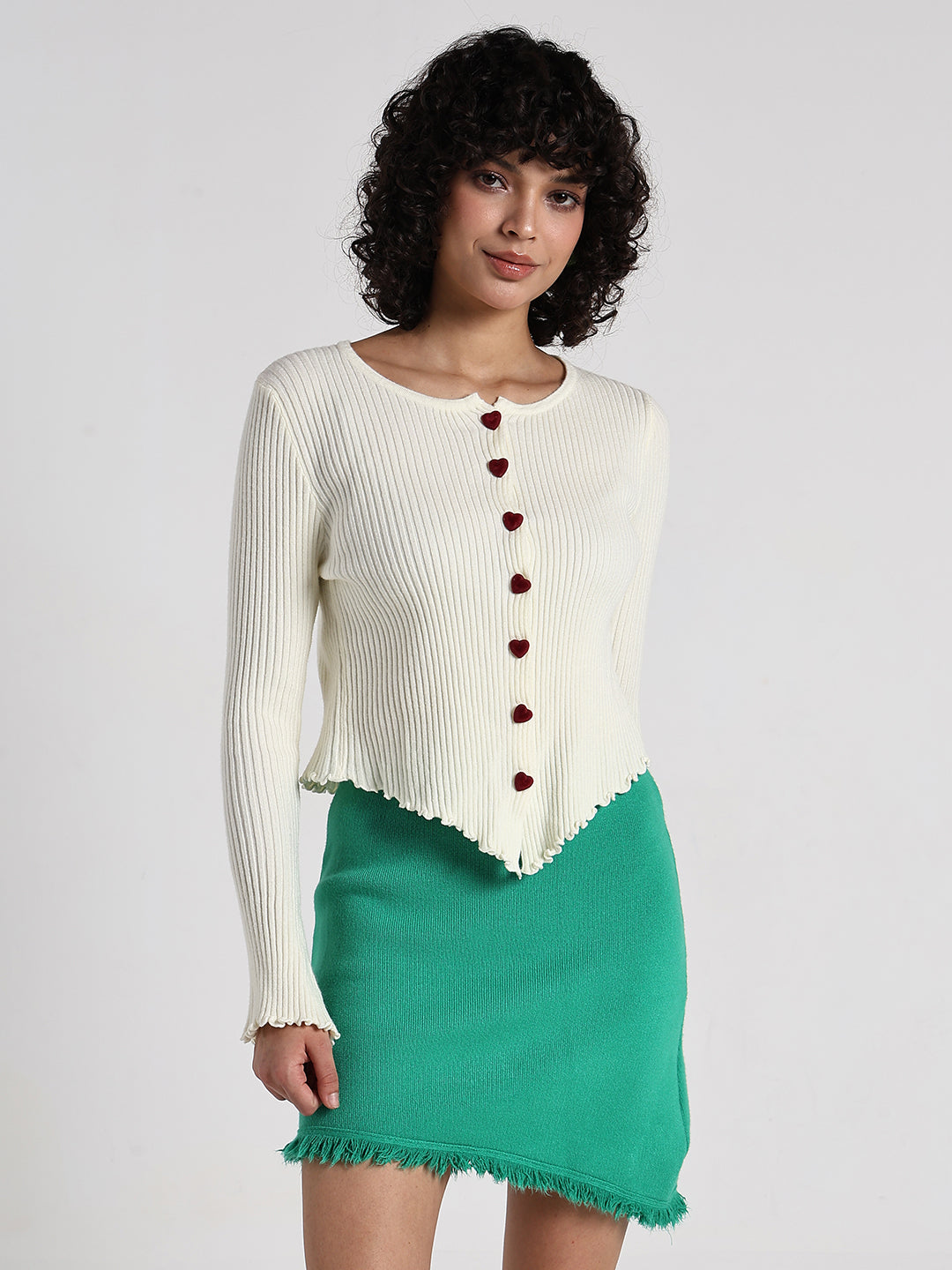 Women's Cream Ribbed Asymmetric Hem Top with Heart Buttons