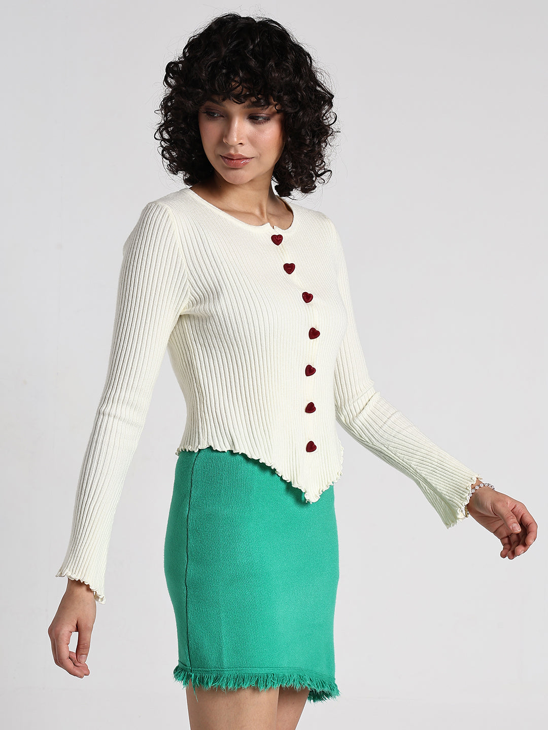 Women's Cream Ribbed Asymmetric Hem Top with Heart Buttons