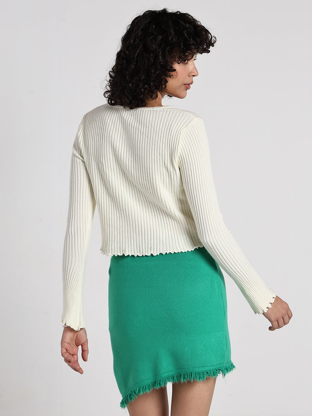 Women's Cream Ribbed Asymmetric Hem Top with Heart Buttons